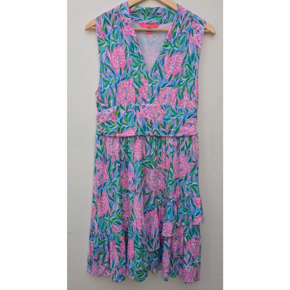 LILLY PULITZER Dress Annalise V-Neck Frenchy Blue Turtley In Love Size L NWOT - Picture 2 of 11